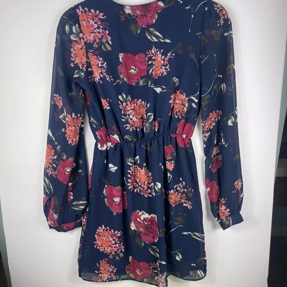 LULUS Pretty Pretender Navy Floral Wrap Dress Long Sleeve Dress WOMENS XS - Picture 9 of 10